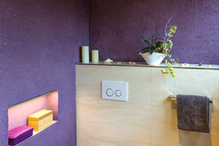 Badezimmer - die Wandflächen wurden mit der Alabaster-Marmorspachtelmasse  cara unico von Edel und Stein gespachtelt 